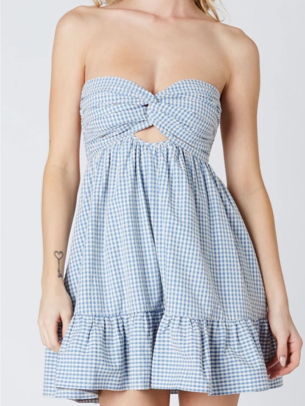 Strapless Blue Gingham Twist-Front Mini Dress